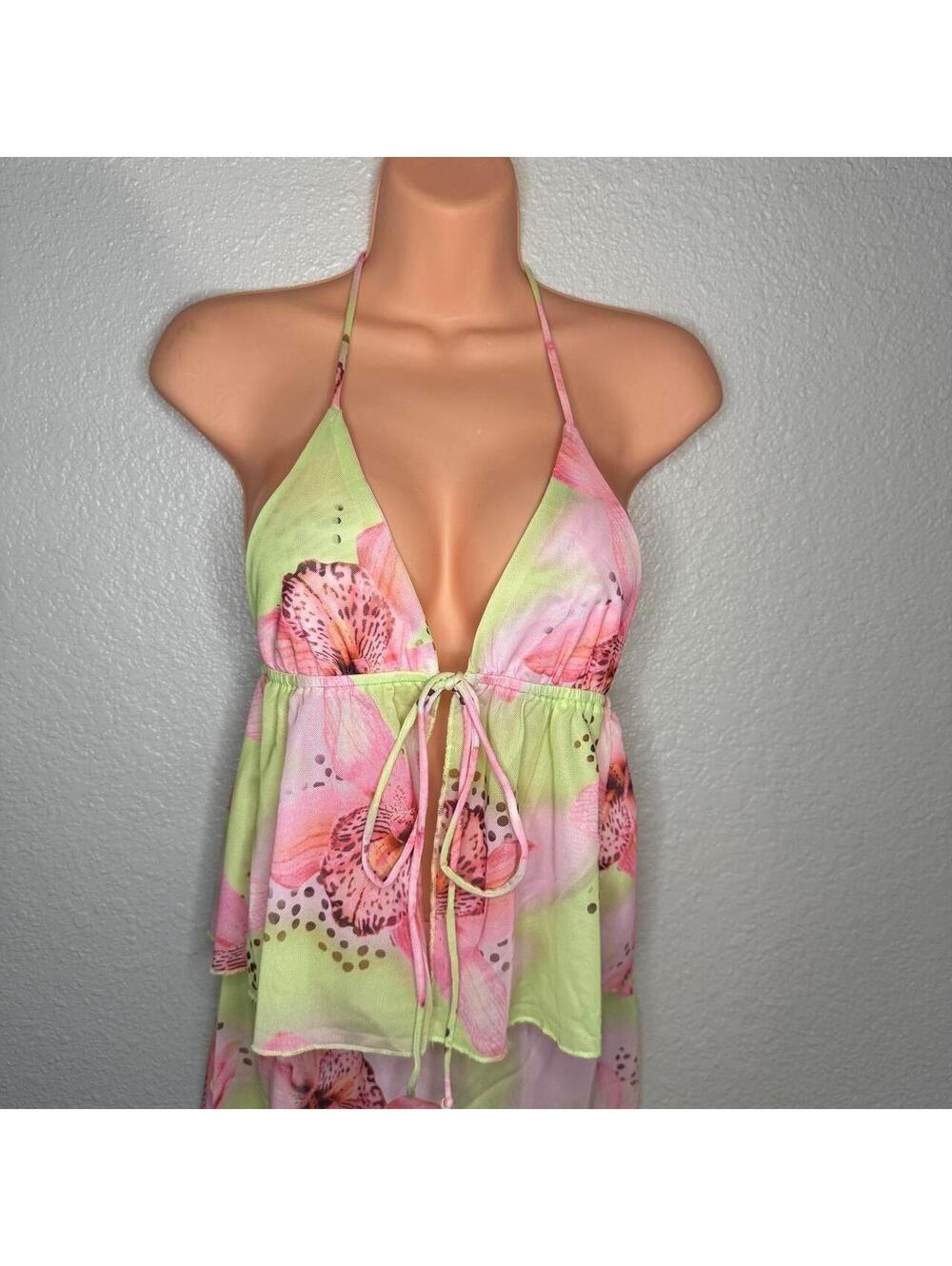 New Green and pink floral print halter top and mini skirt set